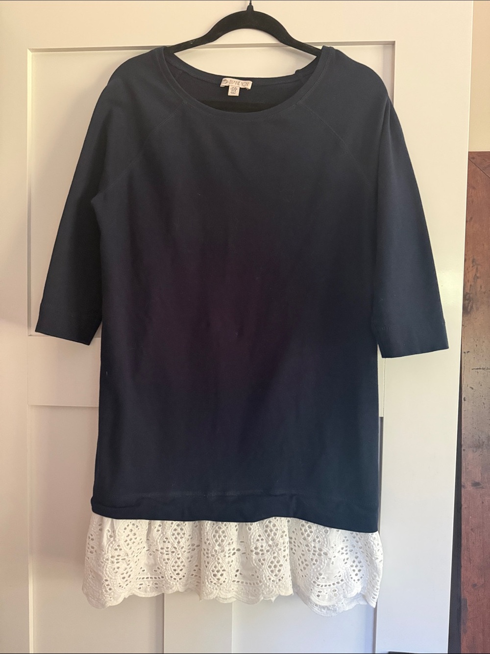 Eliana Rose Mixed Media Navy Sweatshirt Shift Dress White Lace Hem